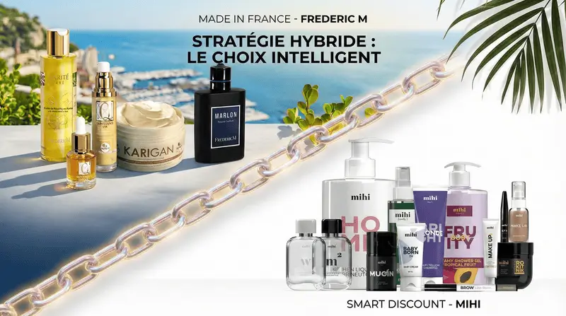 Frederic M et Mihi : Ma Stratégie "Hybride" Ultime pour 2026 2 Balance illustrant la stratégie hybride entre les produits Frederic M (Luxe) et Mihi (Discount).