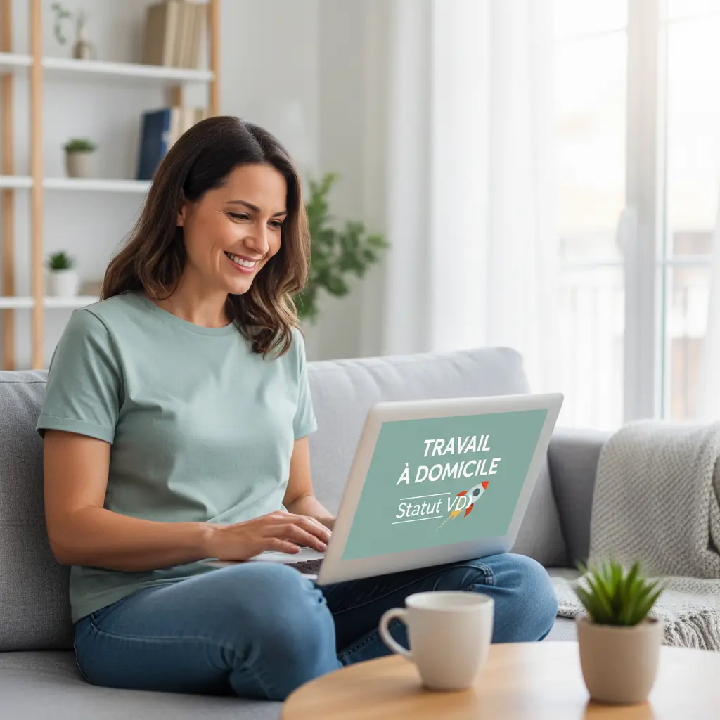 Une femme souriante faisant un travail à domicile sur son ordinateur portable, dans un salon confortable, symbolisant l'option du statut VDI.