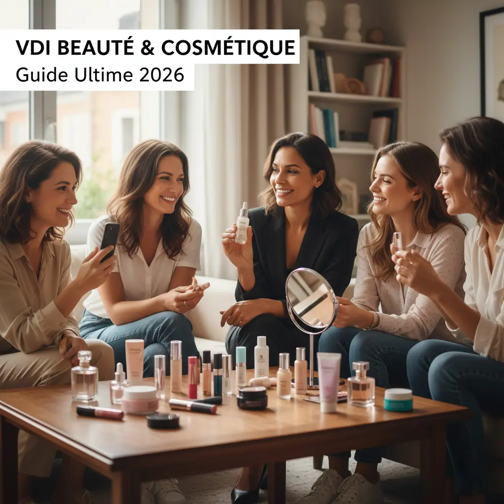 Une conseillère VDI beauté présentant des produits cosmétiques de qualité lors d'un atelier à domicile.