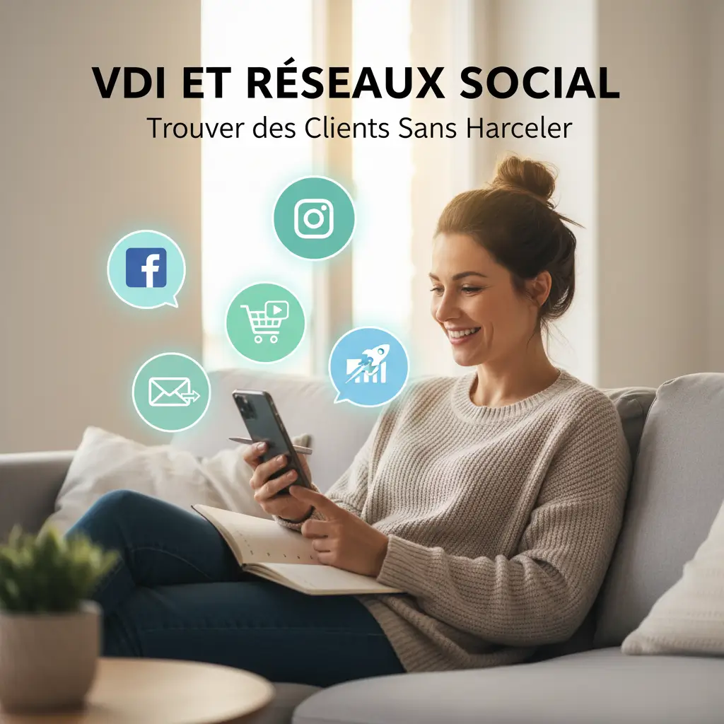 Une VDI utilisant son smartphone pour sa stratégie VDI et réseaux sociaux, avec les icônes Facebook et Instagram.