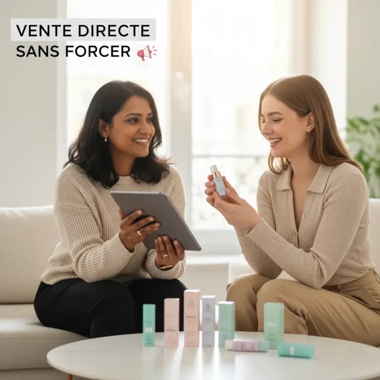 session de vente directe, symbolisant des techniques modernes et sans pression, avec une tablette et des produits.