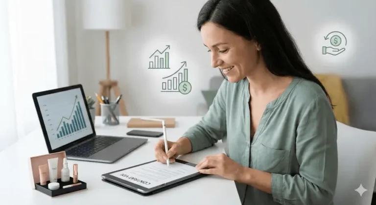 Femme signant un contrat sur tablette pour devenir VDI en 2026, illustrant le démarrage de l'activité.