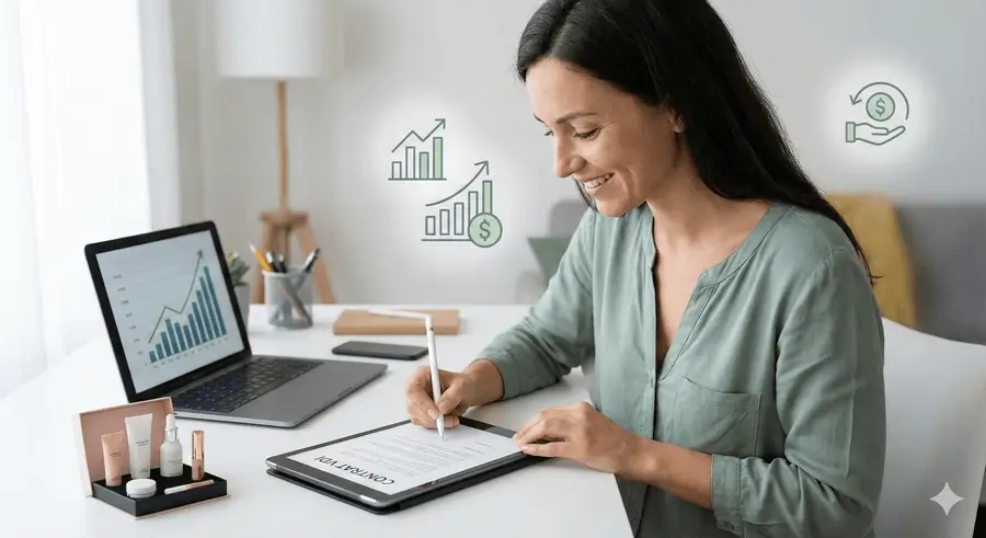 Femme signant un contrat sur tablette pour devenir VDI en 2026, illustrant le démarrage de l'activité.