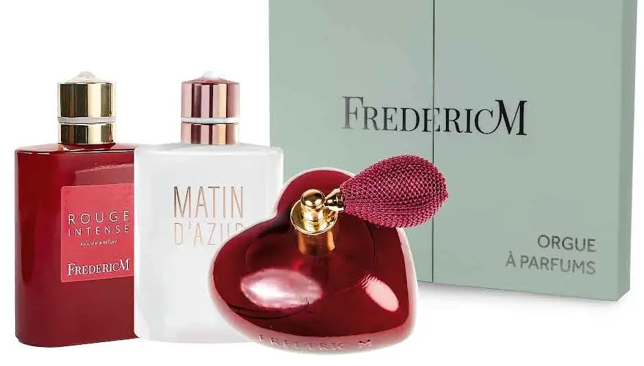 Sélection de parfums de Grasse Frédéric M (Rouge Intense, Matin d'Azur, Cœur) et coffret orgue à parfums