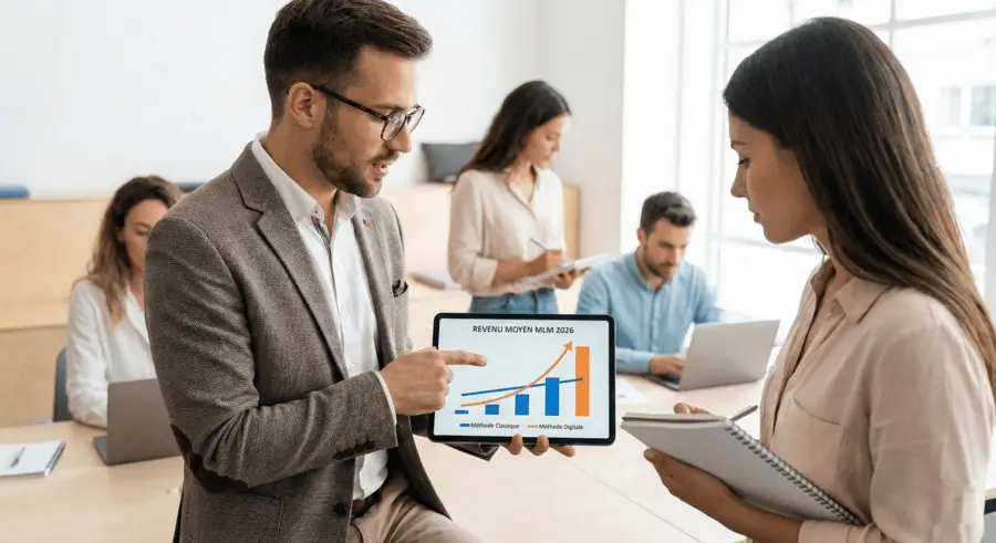 Expert expliquant le revenu moyen MLM 2026 et la croissance accélérée de la méthode digitale sur une tablette