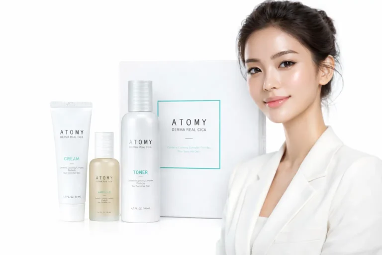 Femme au teint lumineux (Glass Skin) utilisant les produits de la routine coréenne Atomy