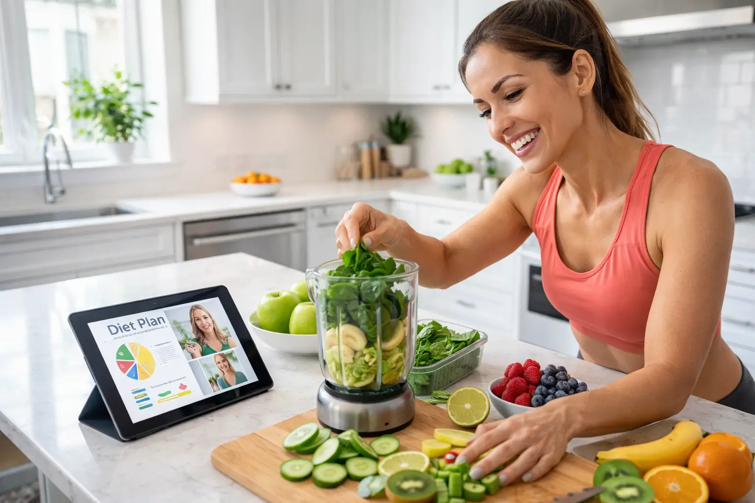 Femme dynamique préparant un smoothie santé dans une cuisine lumineuse avec une tablette affichant un plan de suivi client.