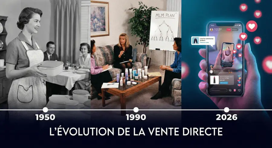 Évolution de l'histoire de la vente directe : de la ménagère Tupperware des années 50 à l'influenceuse Social Selling sur smartphone en 2026.