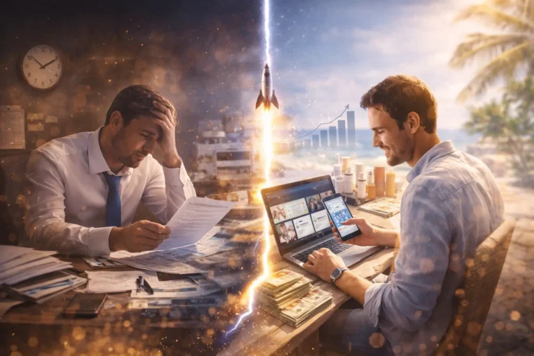 Concept de reconversion professionnelle réussie : quitter son CDI pour le VDI avec un plan d'action automatisé en 2026.