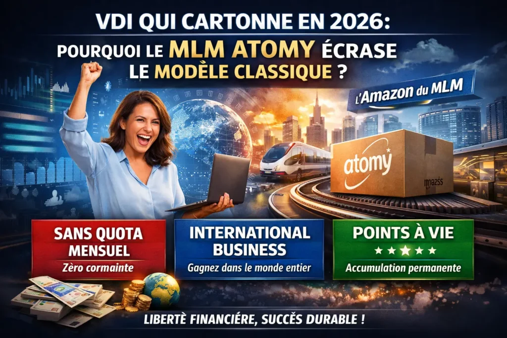 Atomy 2026 : Pourquoi l'Amazon du MLM n'est PAS un VDI classique 2 Infographie comparative entre la vente à domicile traditionnelle et un modèle MLM numérique représentant un VDI qui cartonne en 2026.