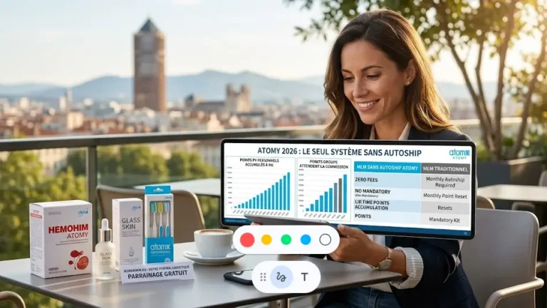 Une entrepreneuse souriante à Lyon tient un grand écran affichant une infographie comparative Atomy. Le tableau montre la 'MLM SANS AUTOSHIP ATOMY' avec 'POINTS PV PERSONNELS ACCUMULÉS À VIE' comparé au 'MLM TRADITIONNEL'. La boîte de 'HEMOHIM ATOMY' et le sérum 'GLASS SKIN' sont visibles sur la table. Un panneau indique 'PARRAINAGE GRATUIT' et 'KOREASKIN.EU'.
