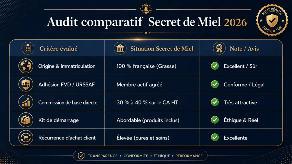 Avis Secret de Miel 2026 : La Vérité Infaillible sur ce VDI d’Apithérapie 2 Tableau professionnel d’audit comparatif Secret de Miel 2026 présentant l’origine française, l’adhésion FVD URSSAF, les commissions, le kit de démarrage et la récurrence d’achat client.