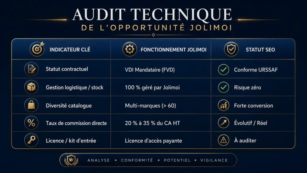 Jolimoi vdi Avis 2026 : La Vérité Infaillible sur le Multi-Marques 2 Audit technique de l’opportunité Jolimoi en VDI avec analyse du statut mandataire, de la gestion logistique, du catalogue multi-marques, des commissions et du kit d’entrée.