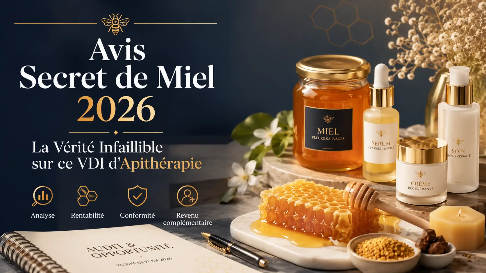 Avis Secret de Miel 2026 sur une opportunité VDI en apithérapie avec produits de la ruche, cosmétiques naturels, miel, gelée royale et analyse de rentabilité.