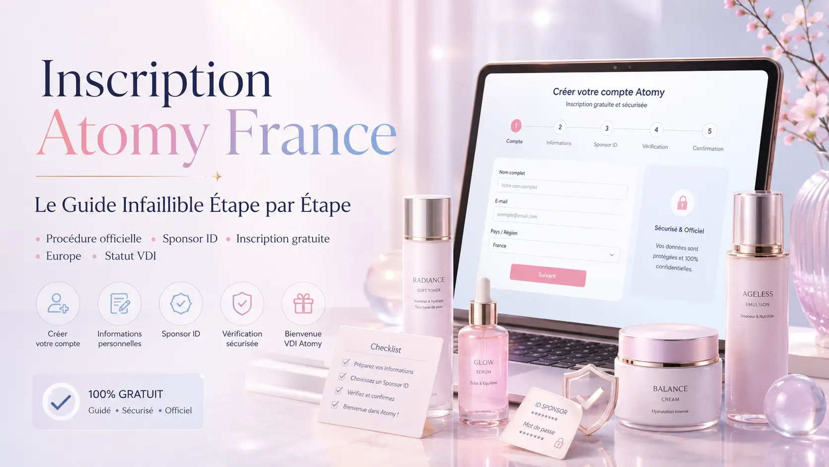 Guide d’inscription Atomy France étape par étape avec univers K-beauty, formulaire sécurisé, Sponsor ID, inscription gratuite et statut VDI.