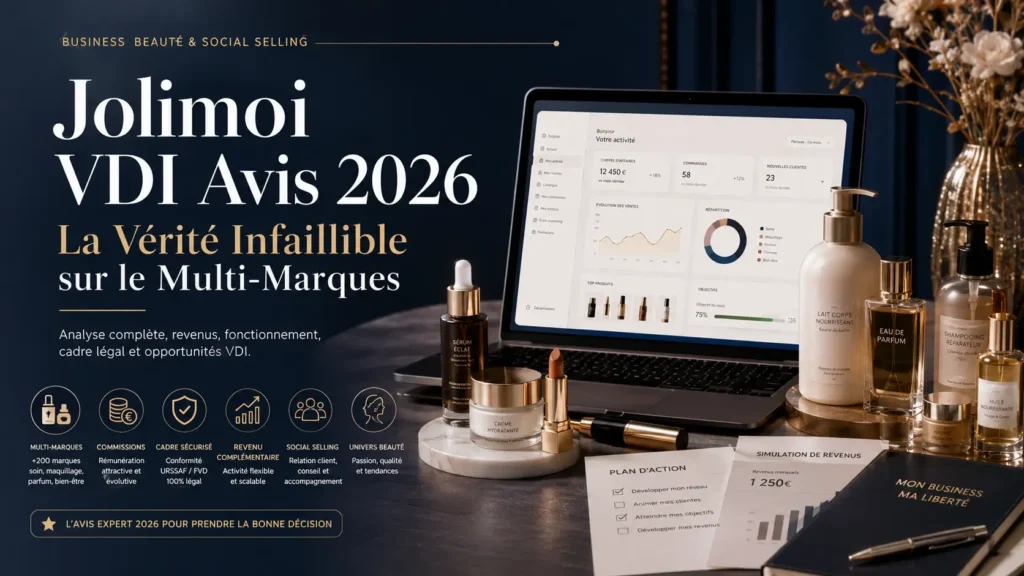 Jolimoi vdi Avis 2026 : La Vérité Infaillible sur le Multi-Marques 3 Avis Jolimoi VDI 2026 sur le modèle multi-marques, le social selling beauté, les commissions, la conformité URSSAF FVD et les opportunités de revenu complémentaire.