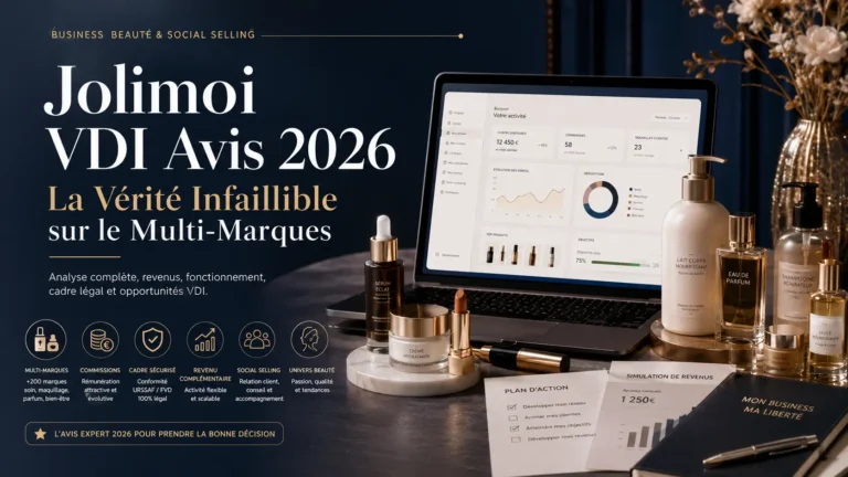 Avis Jolimoi VDI 2026 sur le modèle multi-marques, le social selling beauté, les commissions, la conformité URSSAF FVD et les opportunités de revenu complémentaire.