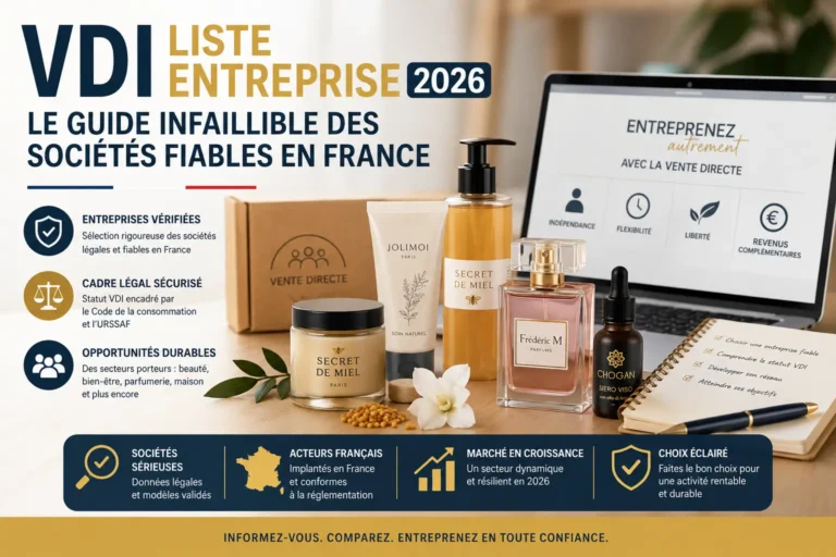 Guide VDI 2026 présentant une sélection d’entreprises fiables de vente directe en France dans la beauté, le bien-être et la parfumerie.
