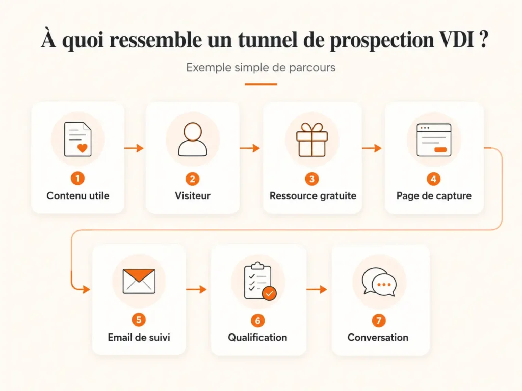 Prospection digitale VDI : construisez un système pour attirer des prospects 2 Schéma des étapes d'une prospection digitale VDI